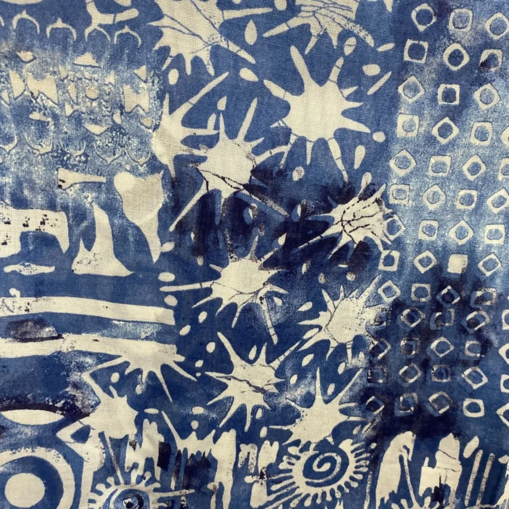 Blue Batik Cotton Fabric Abstract Tribal Geometric Indigo Print 58 x 45 Inch